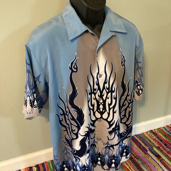 90s Dragon Fire Flames Geometric Button Shirt Polyester Medium - Picture 4 of 8